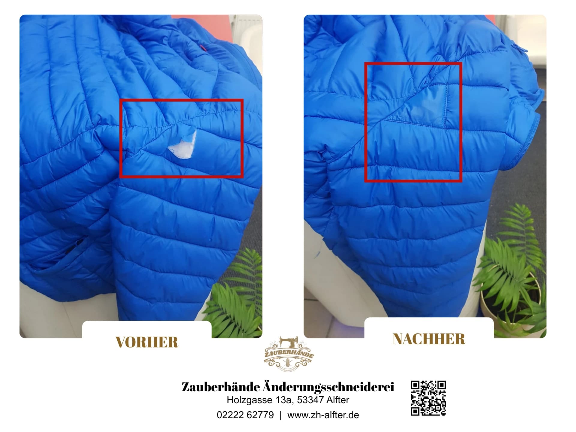 Loch in blauer Steppjacke repariert – Vorher/Nachher, Schneiderei Alfter