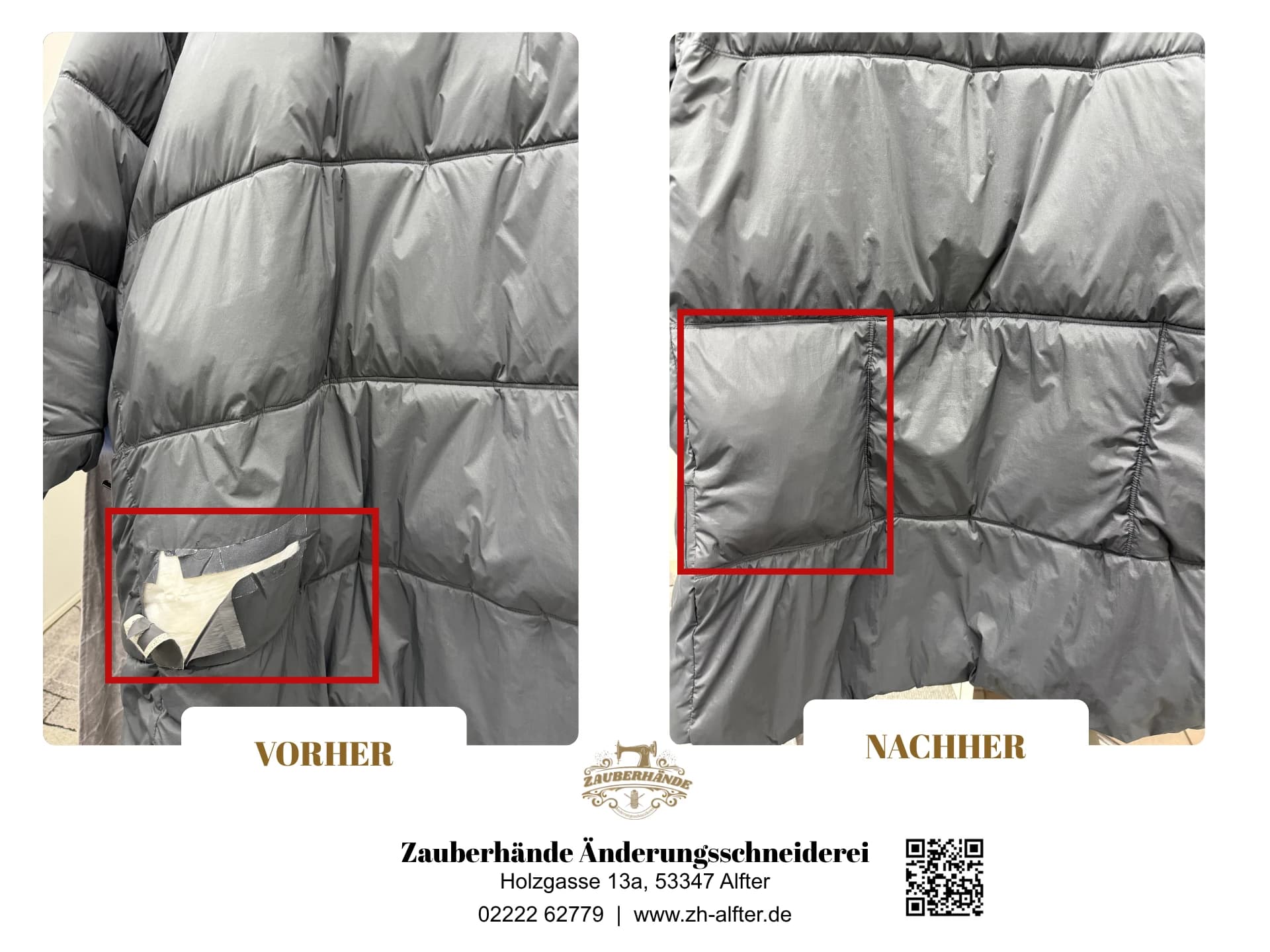 Großen Riss in schwarzer Steppjacke repariert – Vorher/Nachher, Schneiderei Alfter