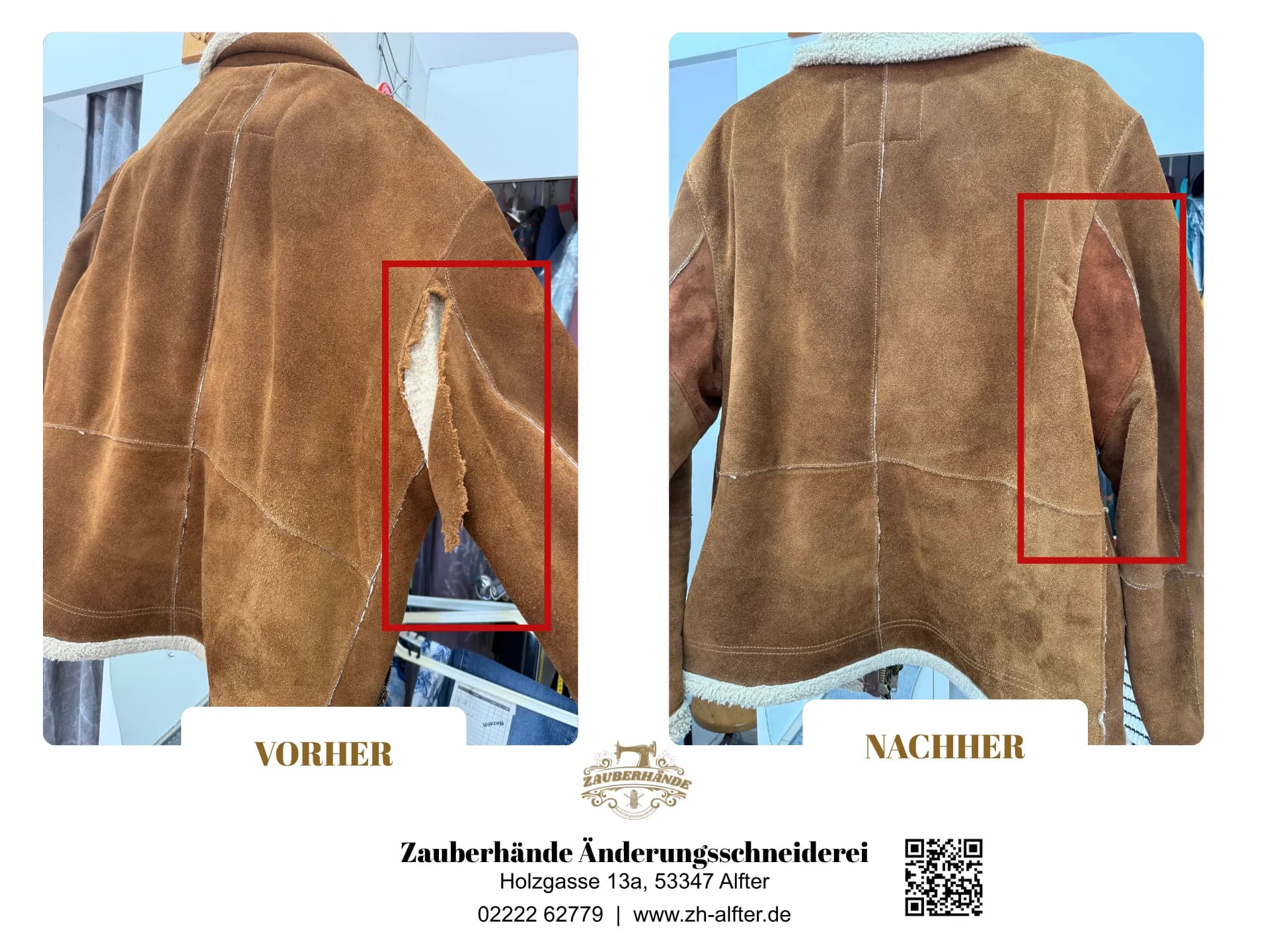 Riss in Wildleder-Lammfelljacke repariert – Vorher/Nachher, Schneiderei Alfter